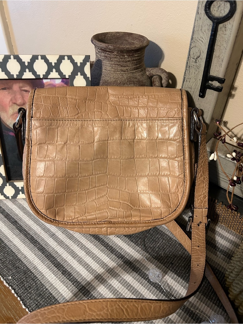 Michael Kors Croc-Embossed Saddle Crossbody in Camel - Picture 3 of 5